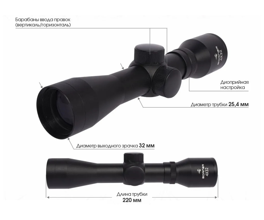 Оптический прицел Borner 4х32S (Short) Mil-Dot, на «ласточкин хвост»