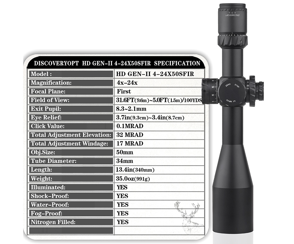 Оптический прицел Discovery HD-Gen2 4-24x50SFIR FFP, Zero Stop, 34 мм, на Weaver